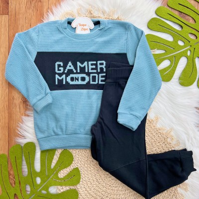 Conj. Casaco Game Mode On e Calça de Moletom - Azul Jeans e Preto